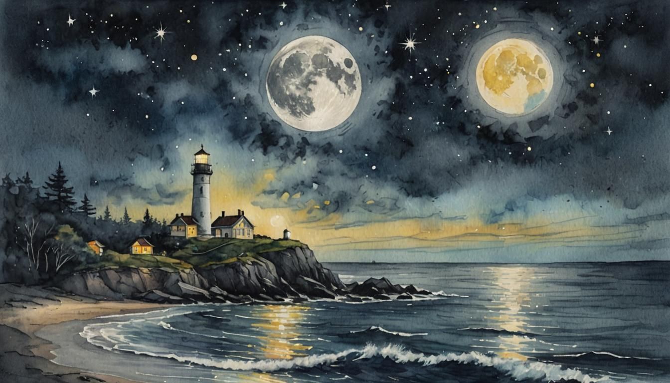 Full Moon Serenity: Starry Night Watercolor