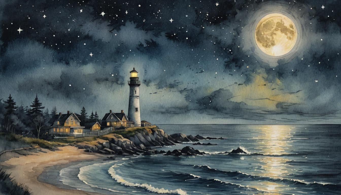 Fantasy Full Moon Over Ocean: Watercolor Art