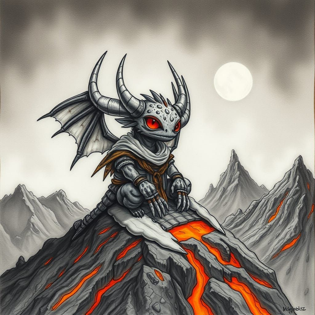 Imaginary Lava Monster on Magma Mountain, Charcoal Drawing