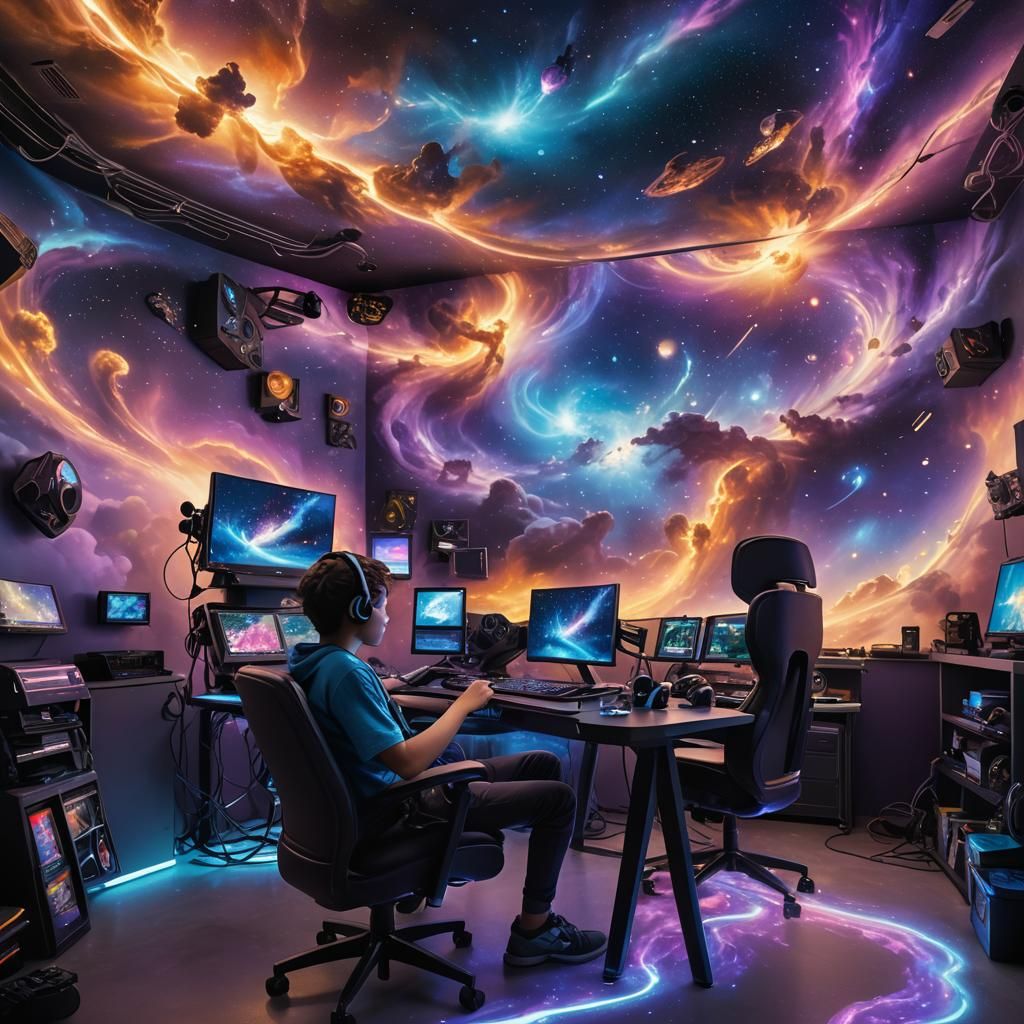 Galaxy Gaming Room with Nebula Cloud Reflections
