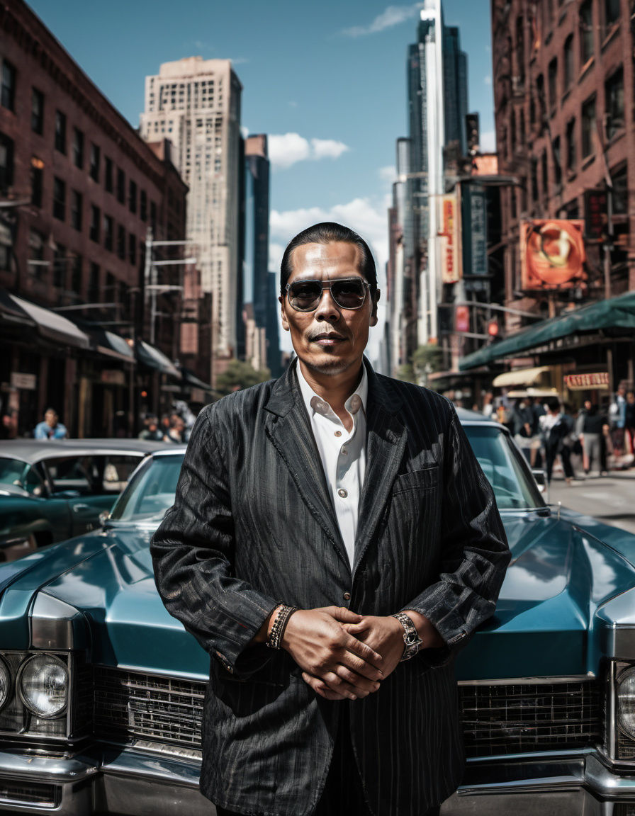 A Man in Leisure Suit Beside a Cadillac El Dorado in New Yor...