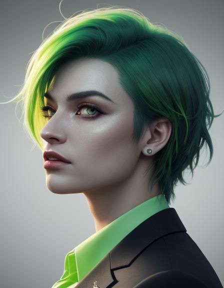 Hyperrealistic Mugshot of Green-Haired Person in Suit