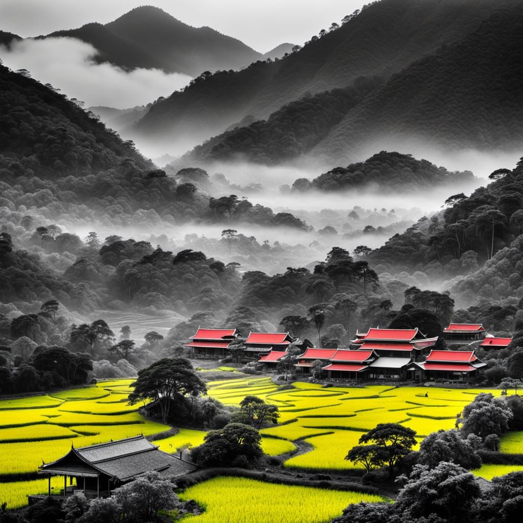 Selective Color Thai Landscape with Red Highlight