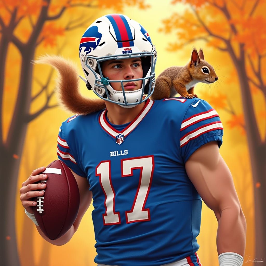 Josh Allen Surrounded by a Whimsical Squirrel in Autumnal La...