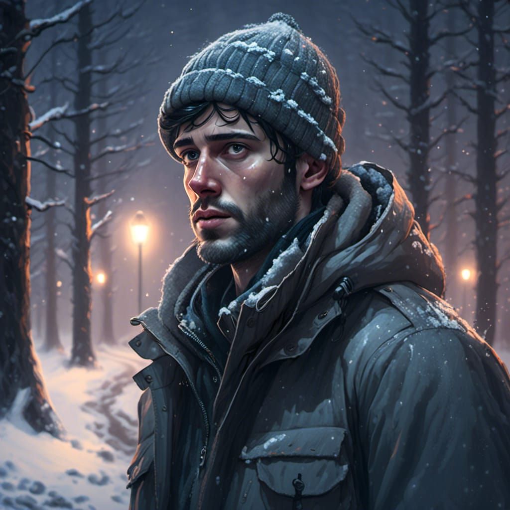 Paranoid Man in Snowy Forest, Hyperdetailed Portrait