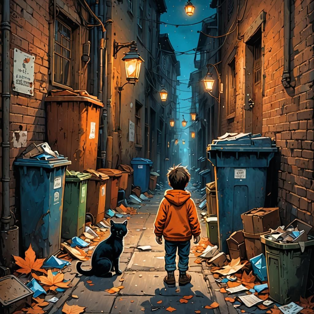 Lost Child and Cat in Alleyway, Dran Illustration