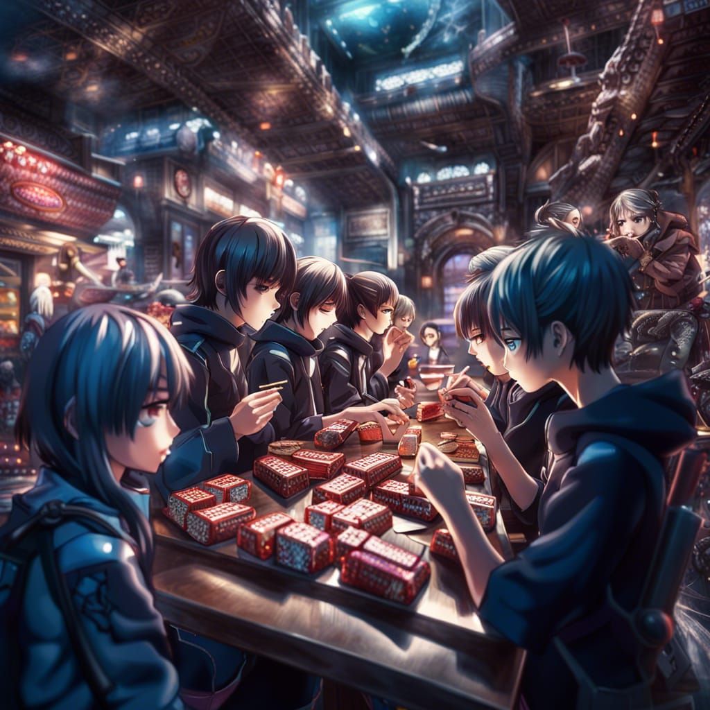 Futuristic Anime Group Enjoying KitKats