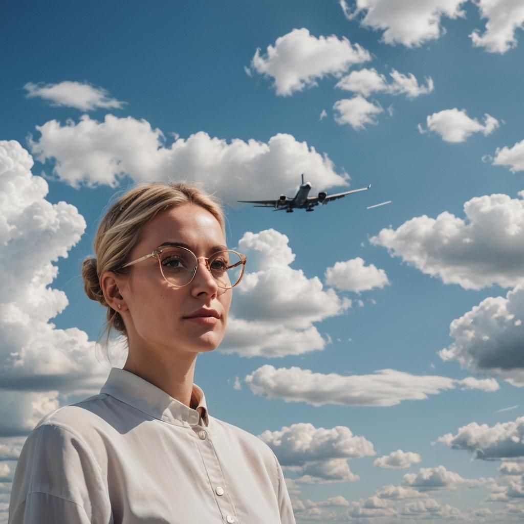 Blonde Woman with Airplane in Cloudy Sky Portrait