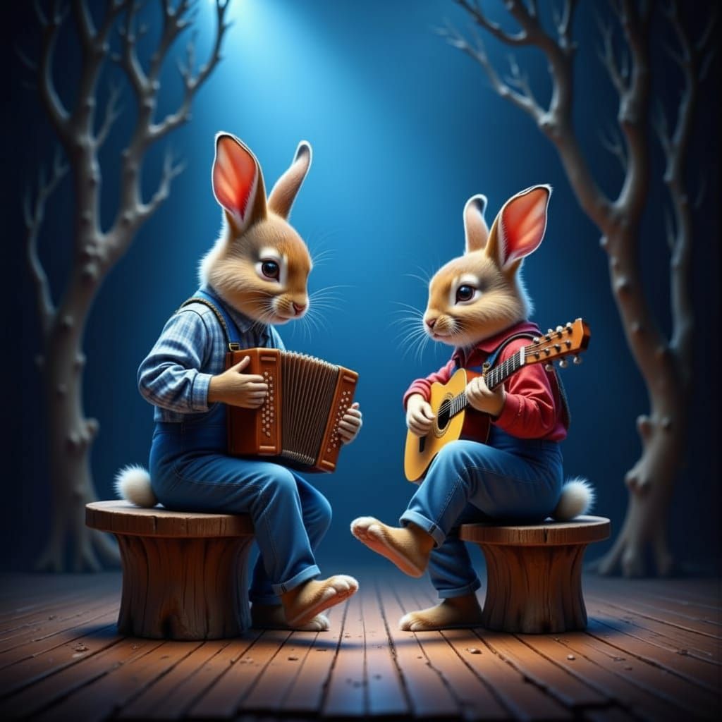 Rabbits Play Music on Stage in Blue Theater