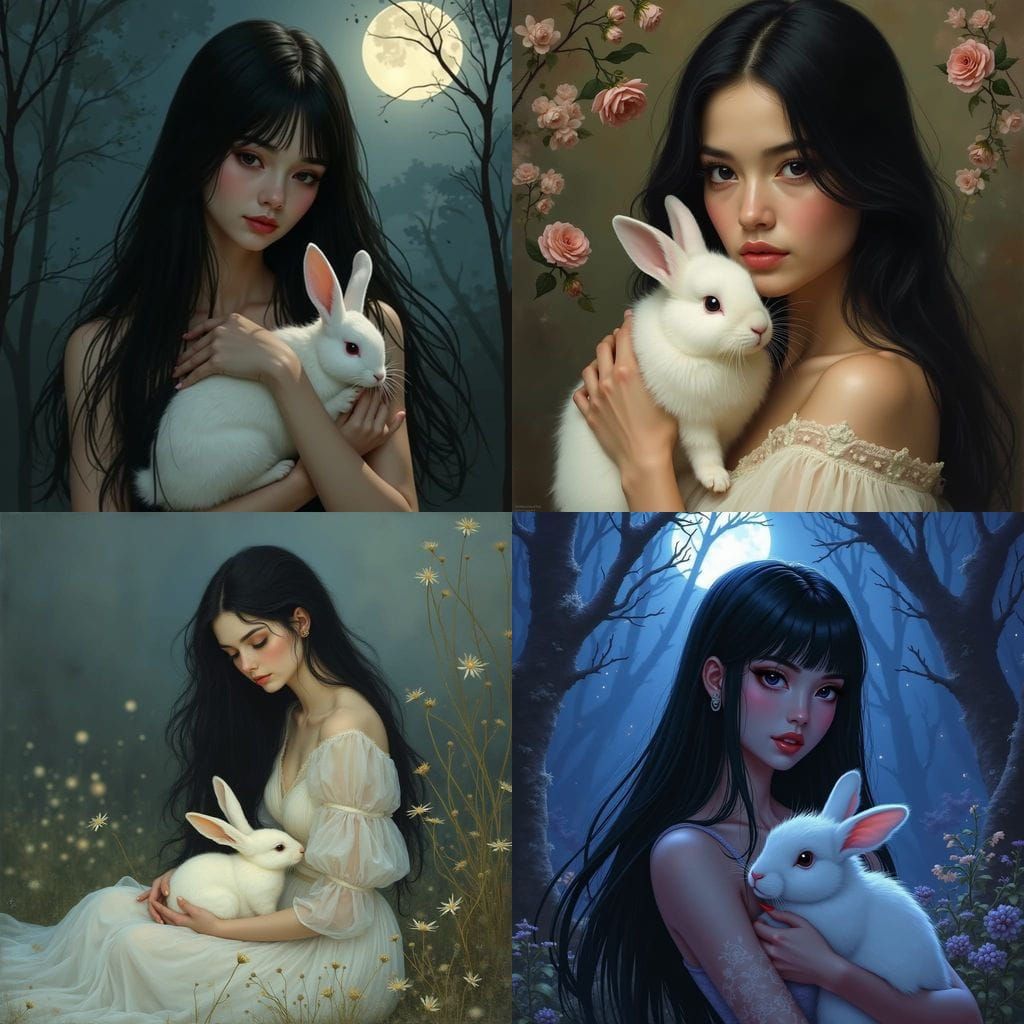 Beautiful Woman With Black Hair and Rabbit