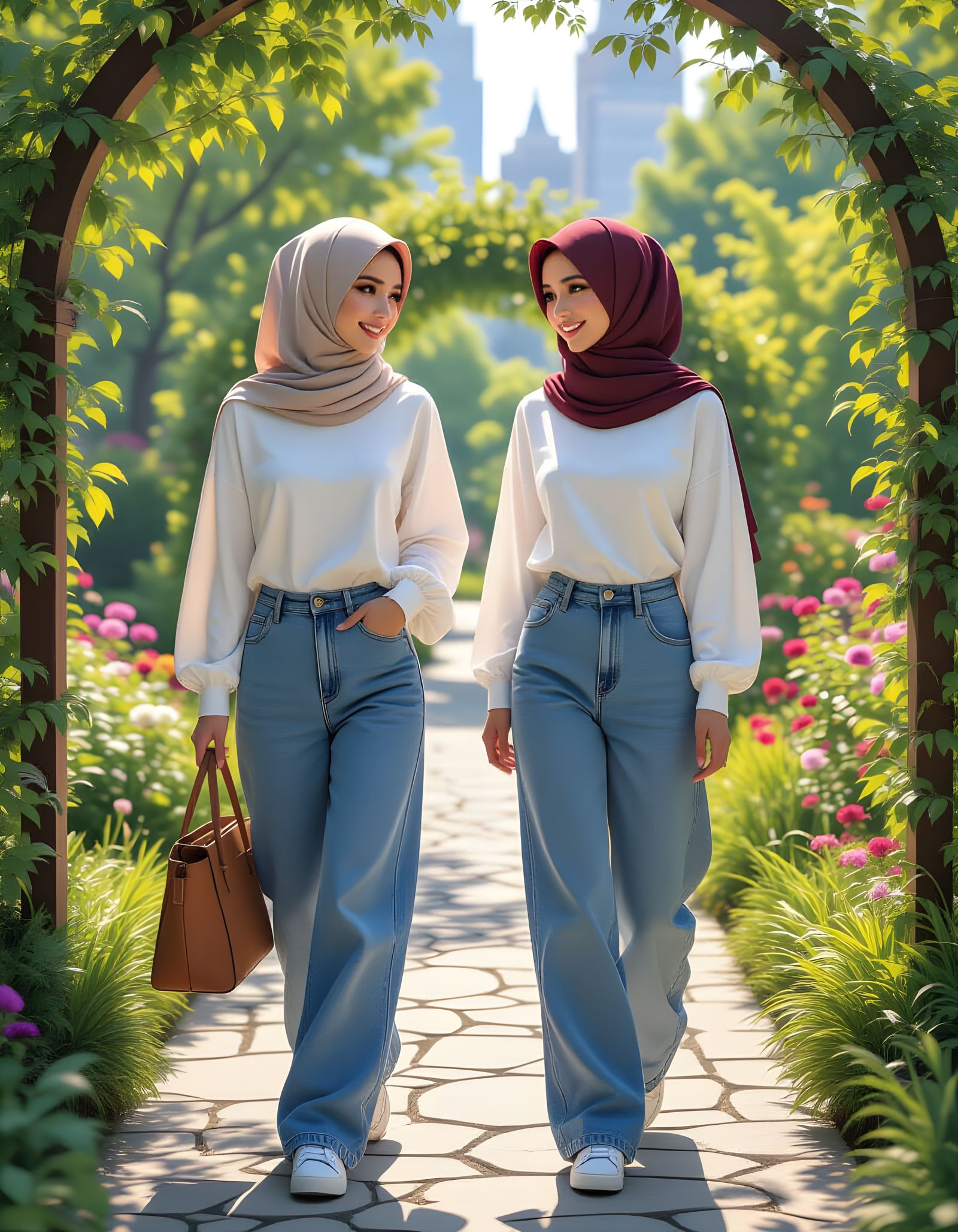 Hijabi Girls Explore a Botanic Garden: Digital Art