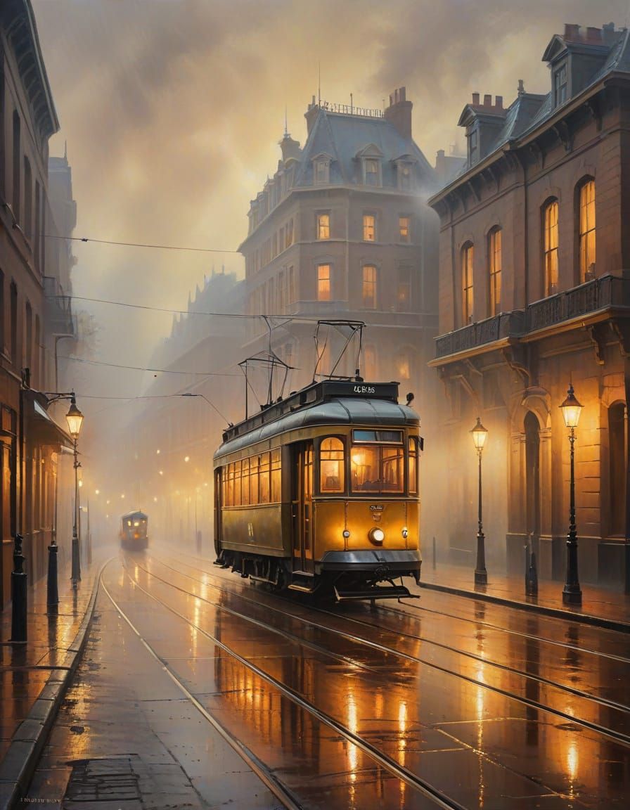 Victorian Street with Old Tram in Golden Light