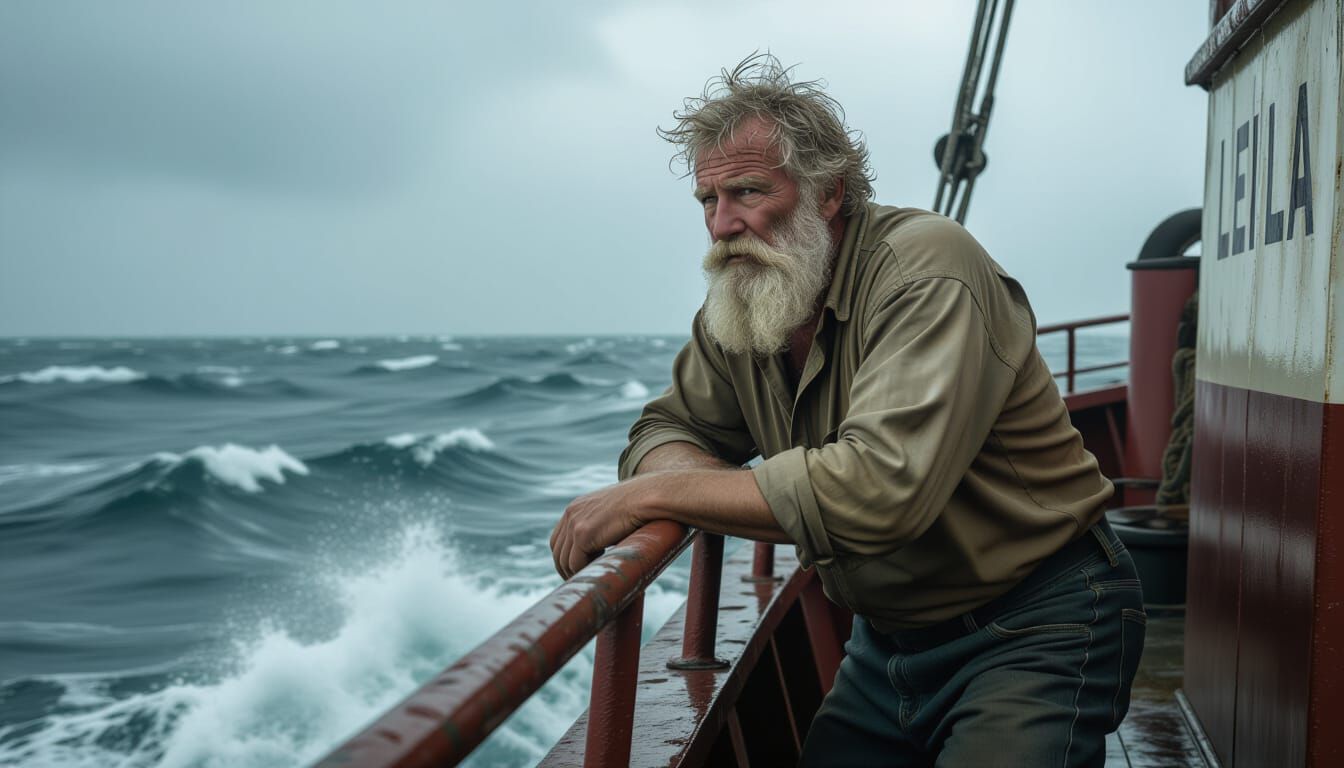 Weathered Sailor Gazing at Stormy Sea in Gritty Realism