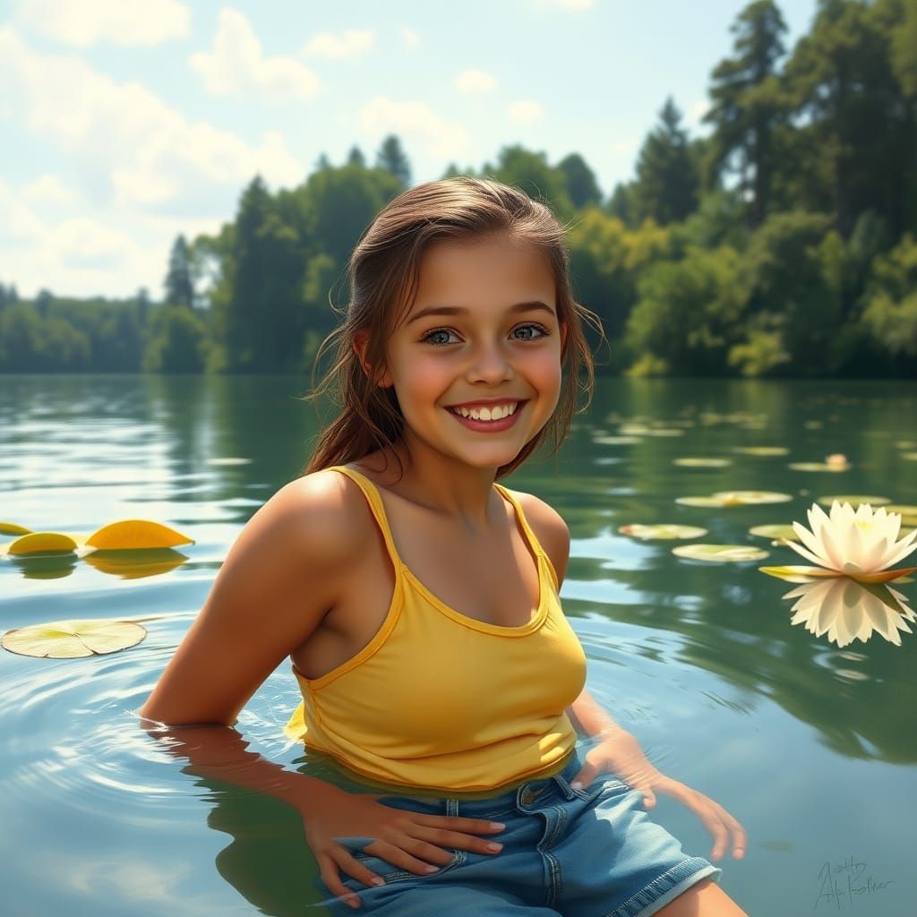 Serene Summer Afternoon Lake Scene in Impressionist Style