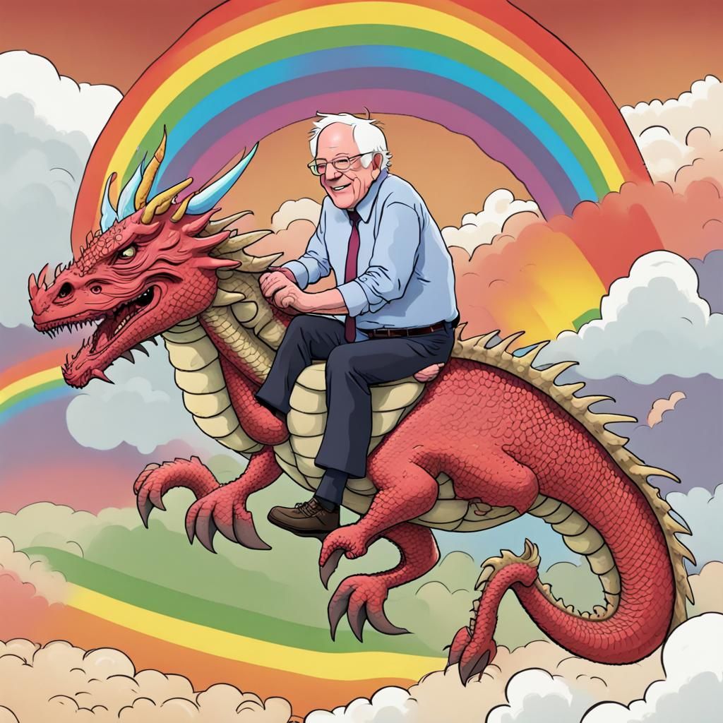Bernie Sanders Rides a Dragon Over Rainbow
