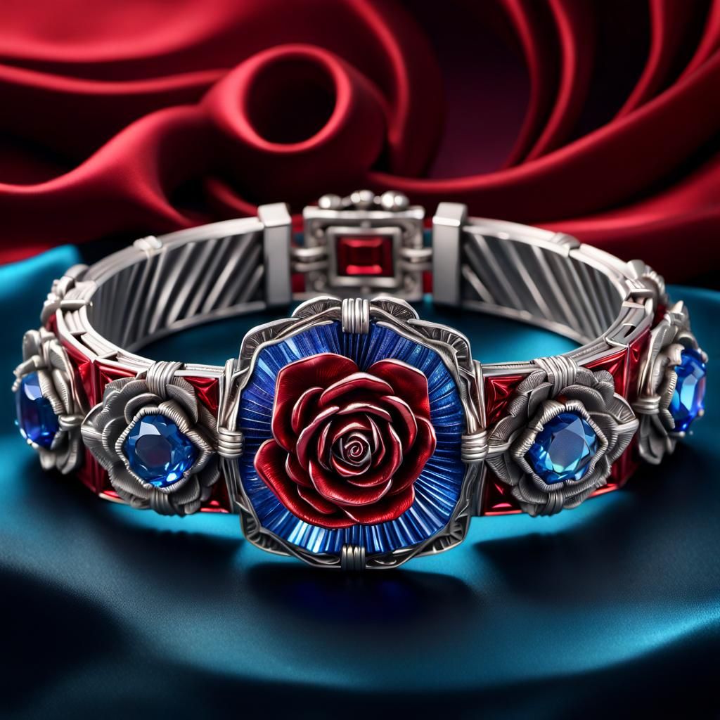 Silver Bracelet with Crystal Rose in Art Deco Style