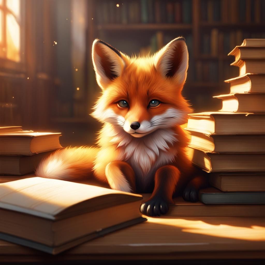 Fox Cub in Library: Hyperdetailed Concept Art