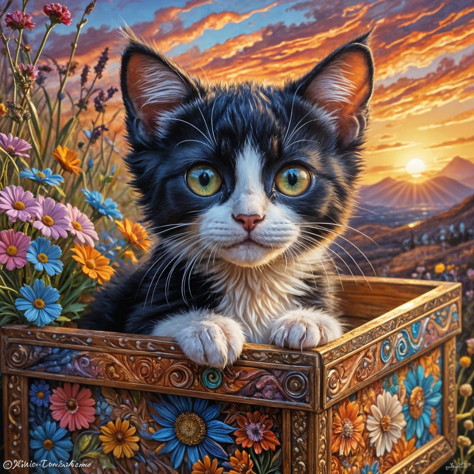 Whimsical Sunset Portrait of Elegant Kitten in Ornate Box