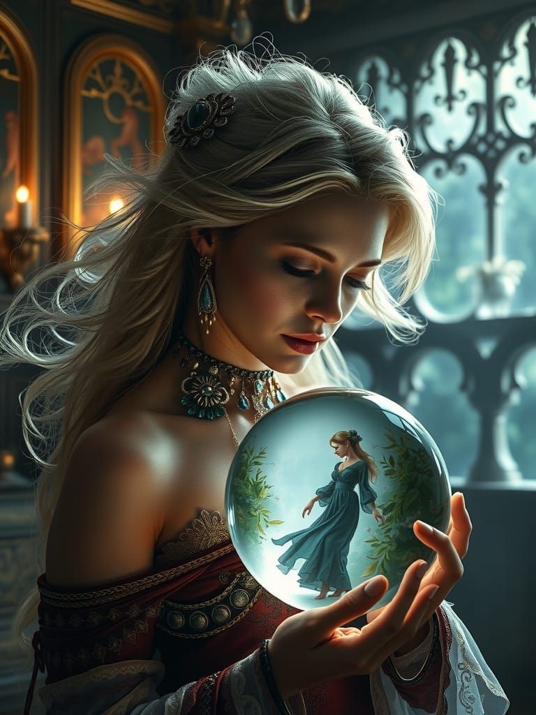Elegant Lady Gazes into Crystal Ball Reflecting Otherworldly...
