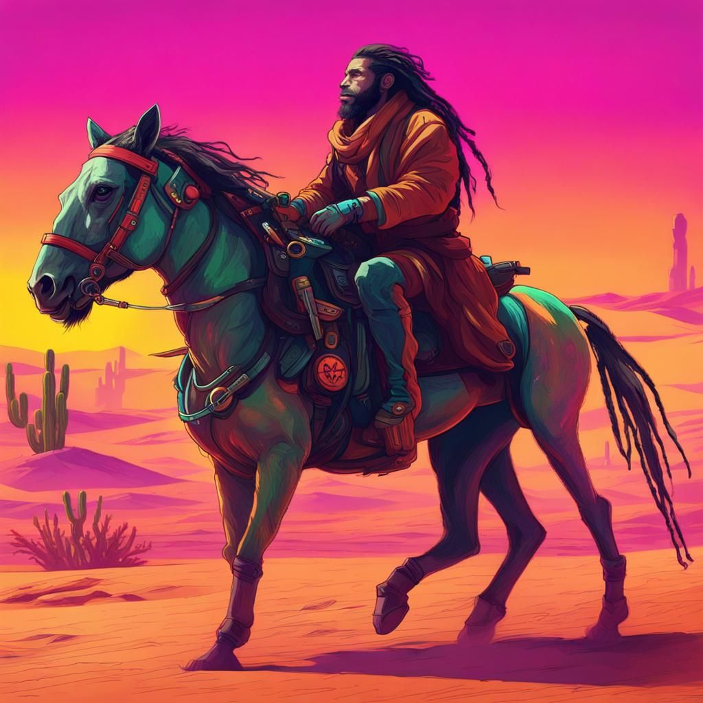 Rasta Monkey Rides Horse in Cyberpunk Desert