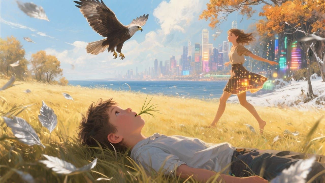 Nostalgic Boy Dreams of Adventure in Surreal Landscape