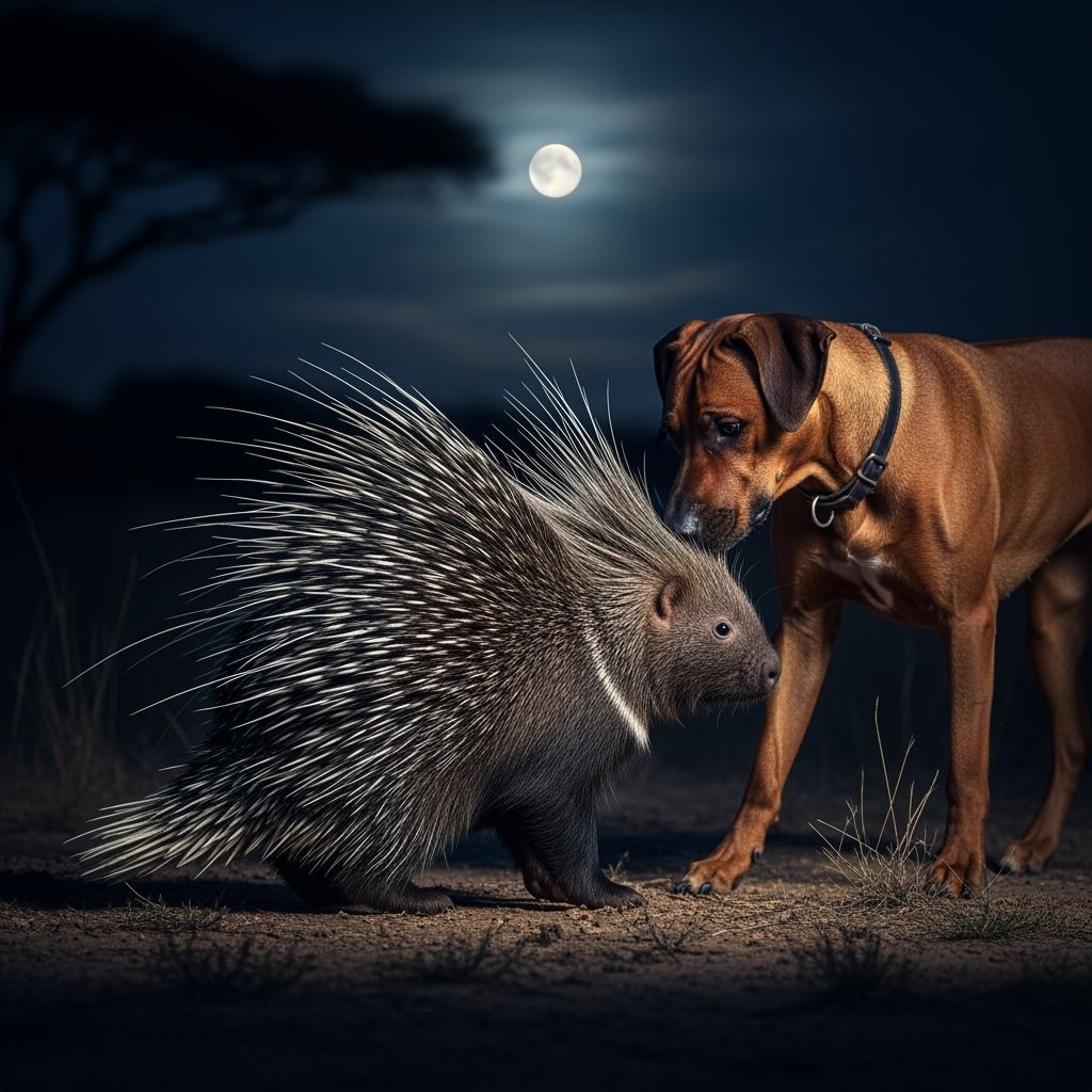 Porcupine Meets Rhodesian Ridgeback on Moonlit Savanna