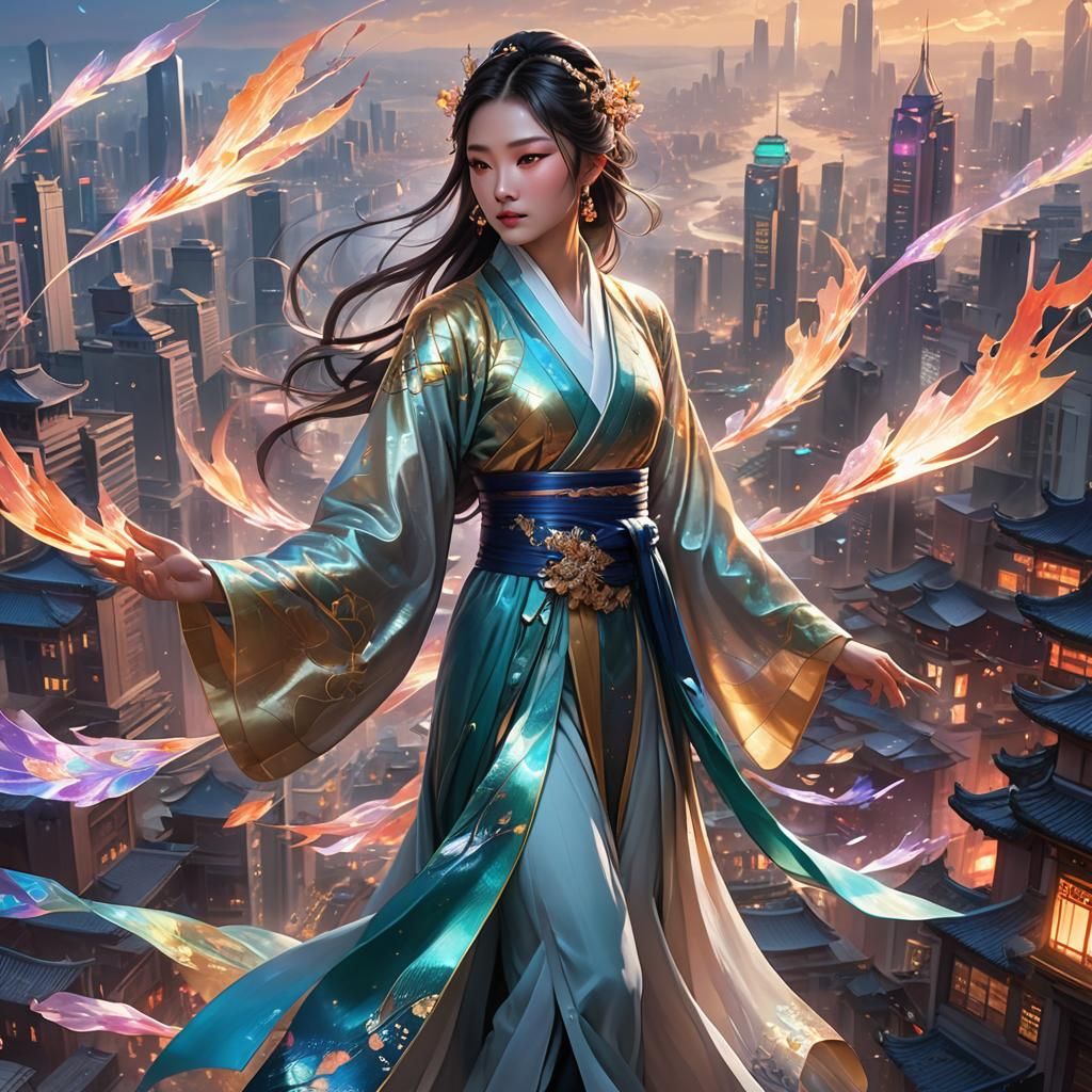 Hanfu Figure Soaring Above Modern City