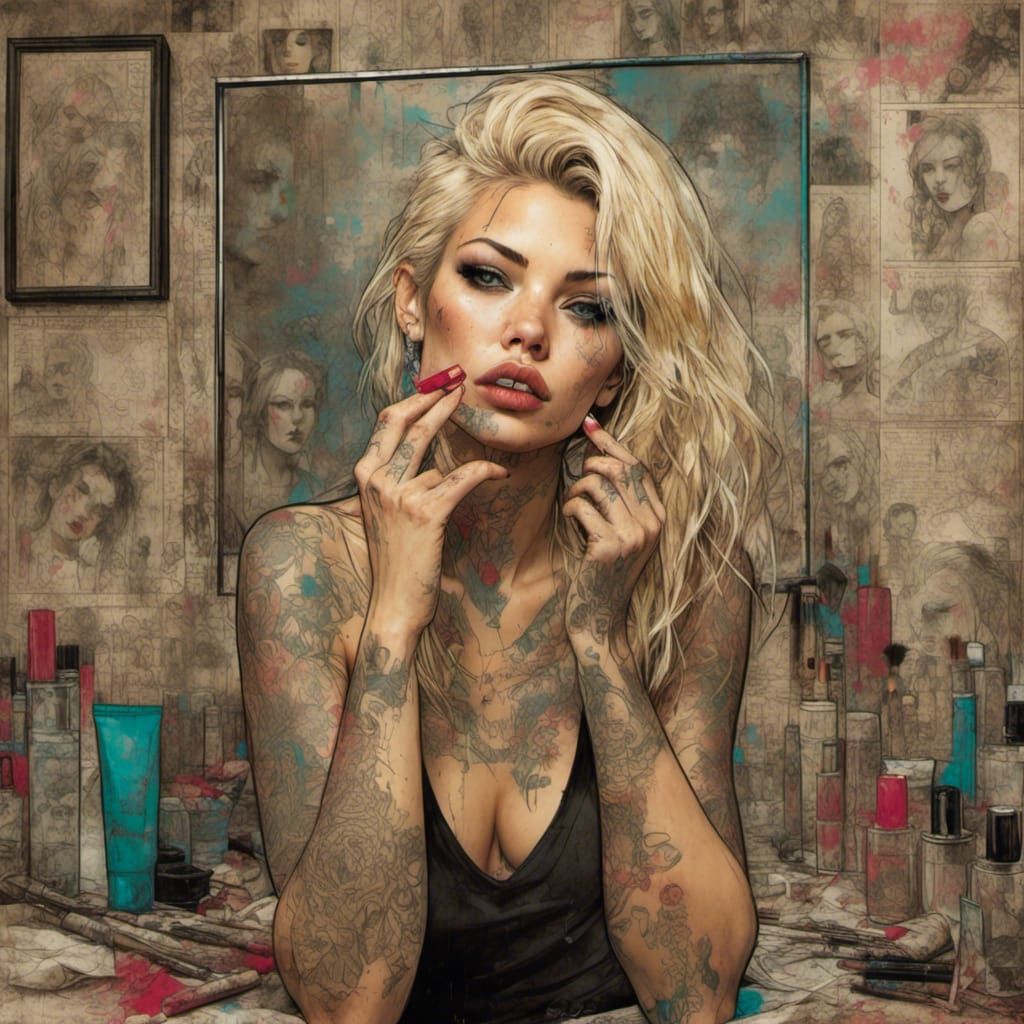 Blonde Woman Applying Makeup as Color Sketch