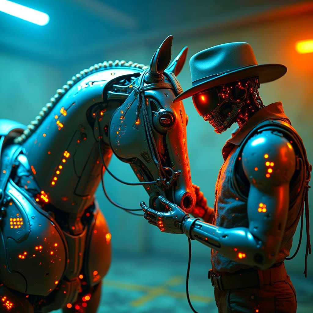 Biopunk Robot Cowboy Examines Metal Horse