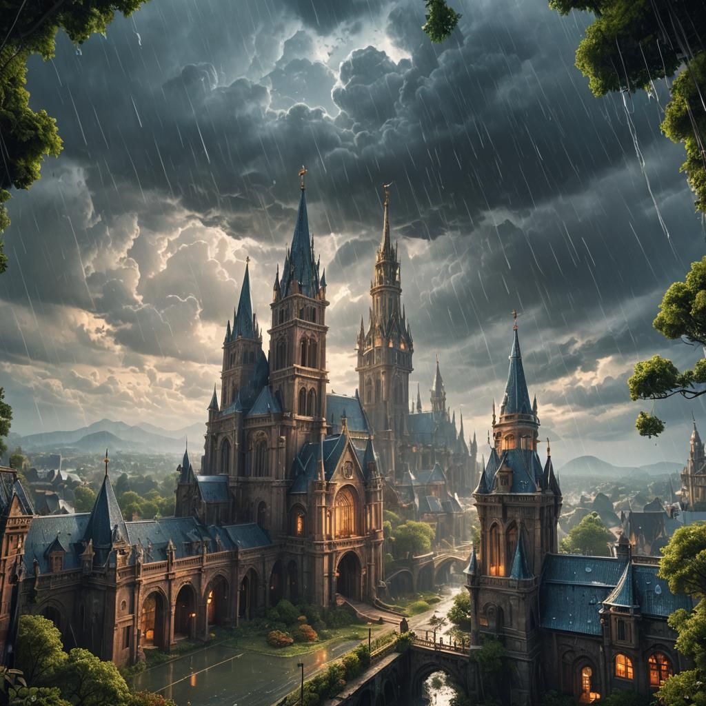 Heavenly Rainy Day in Detailed Matte Painting Style