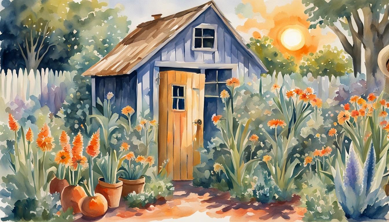 Idealistic country garden with a rustic garden shed with an.open door, standing in the doorway is an Muscular alien life...