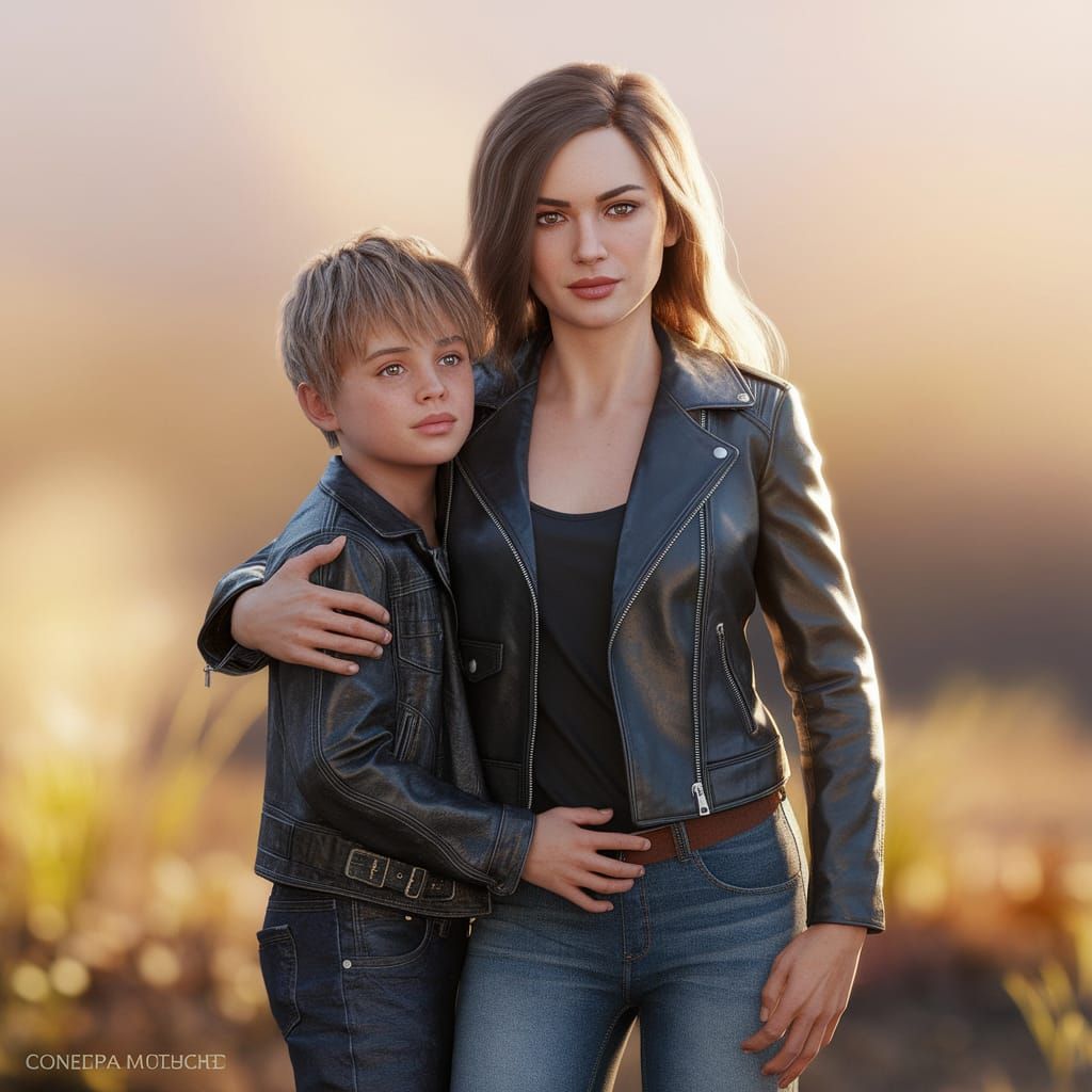 Serene Mother and Son in Vibrant Hyperdetailed Portrait