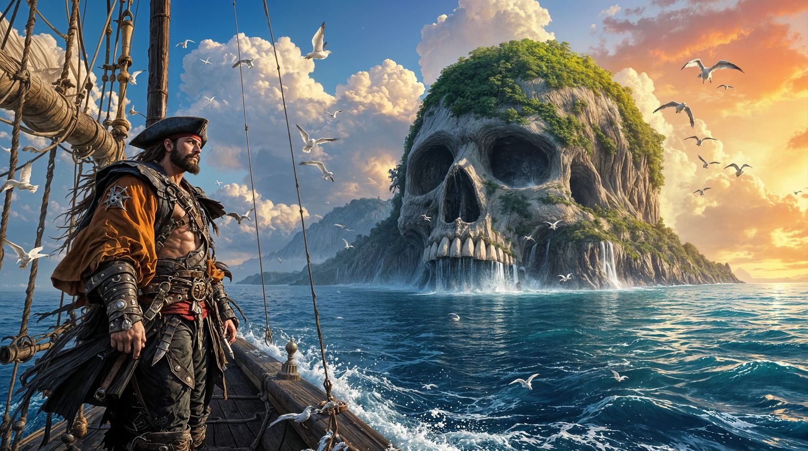 Pirate Discovers Mysterious Skull Island in Fantasy Art