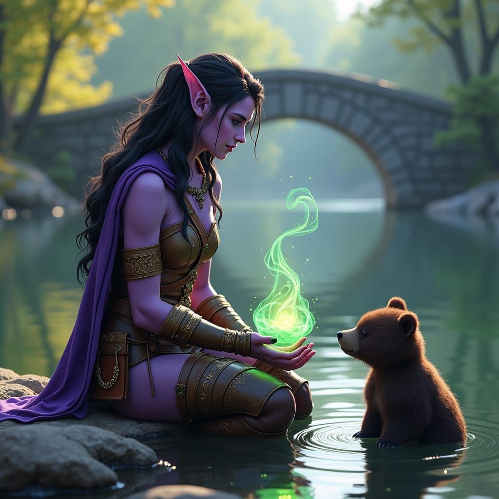 Night Elf Druid Meditates by Lake
