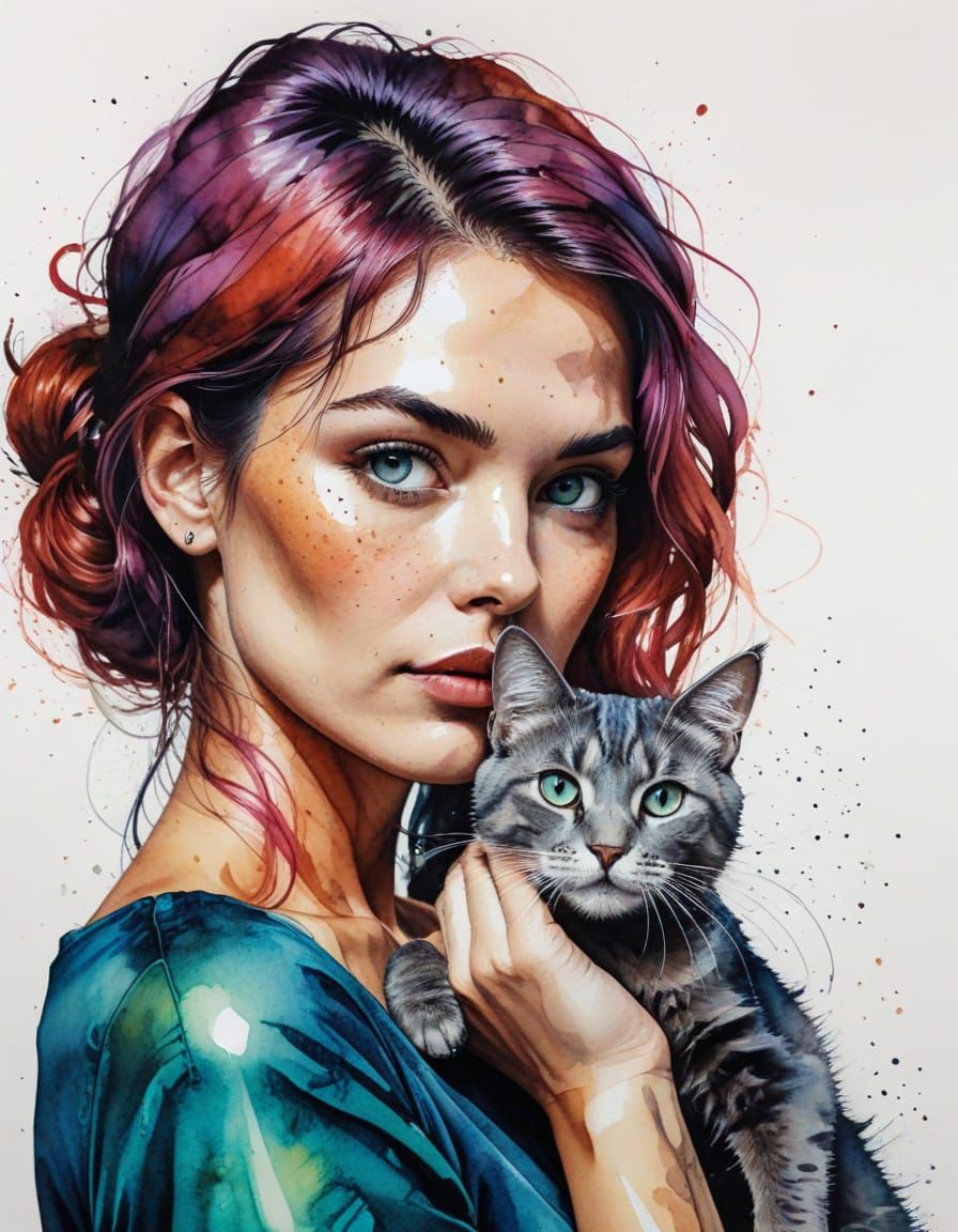 Vibrant Portrait of Woman with Cat in Alcohol Ink