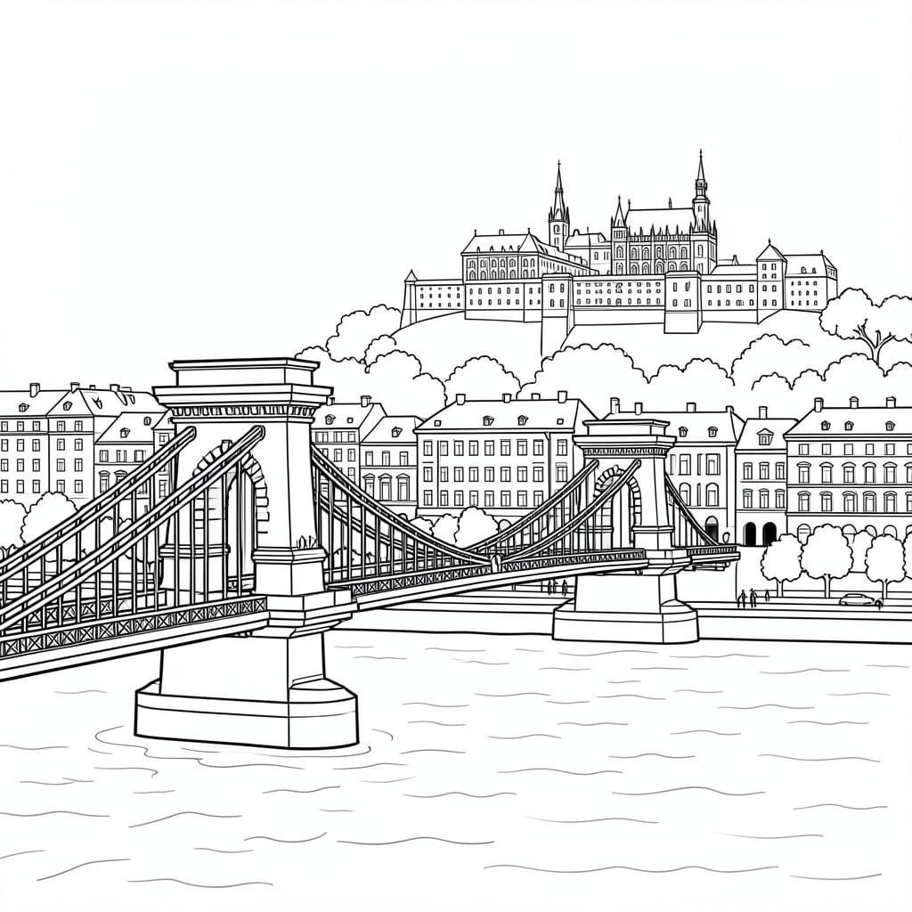 Budapest Chain Bridge Coloring Page with Intricate Line Art