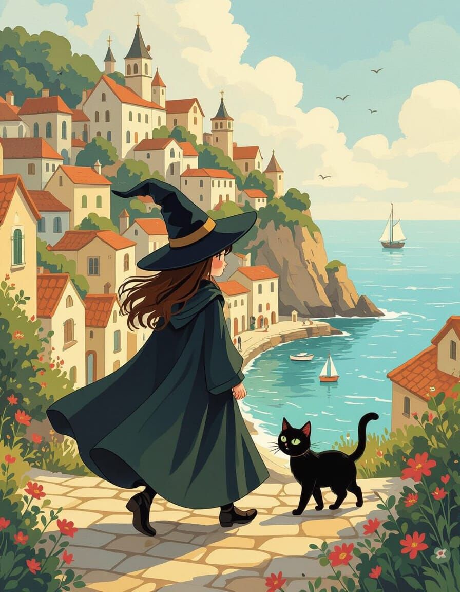 Whimsical Witch and Cat in Harbor Town Storybook Art