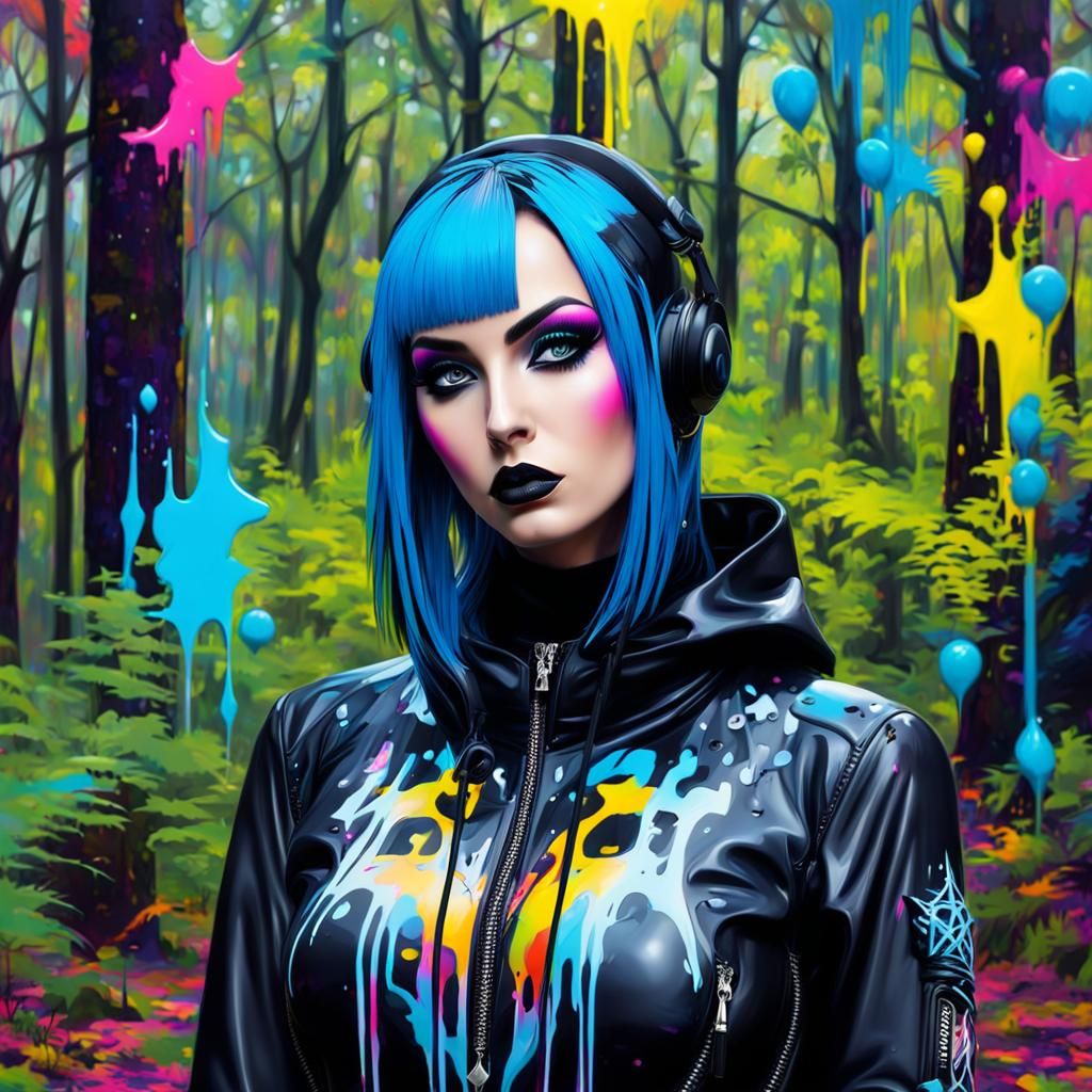 Latex Goth Girl in Colorful Graffiti Forest