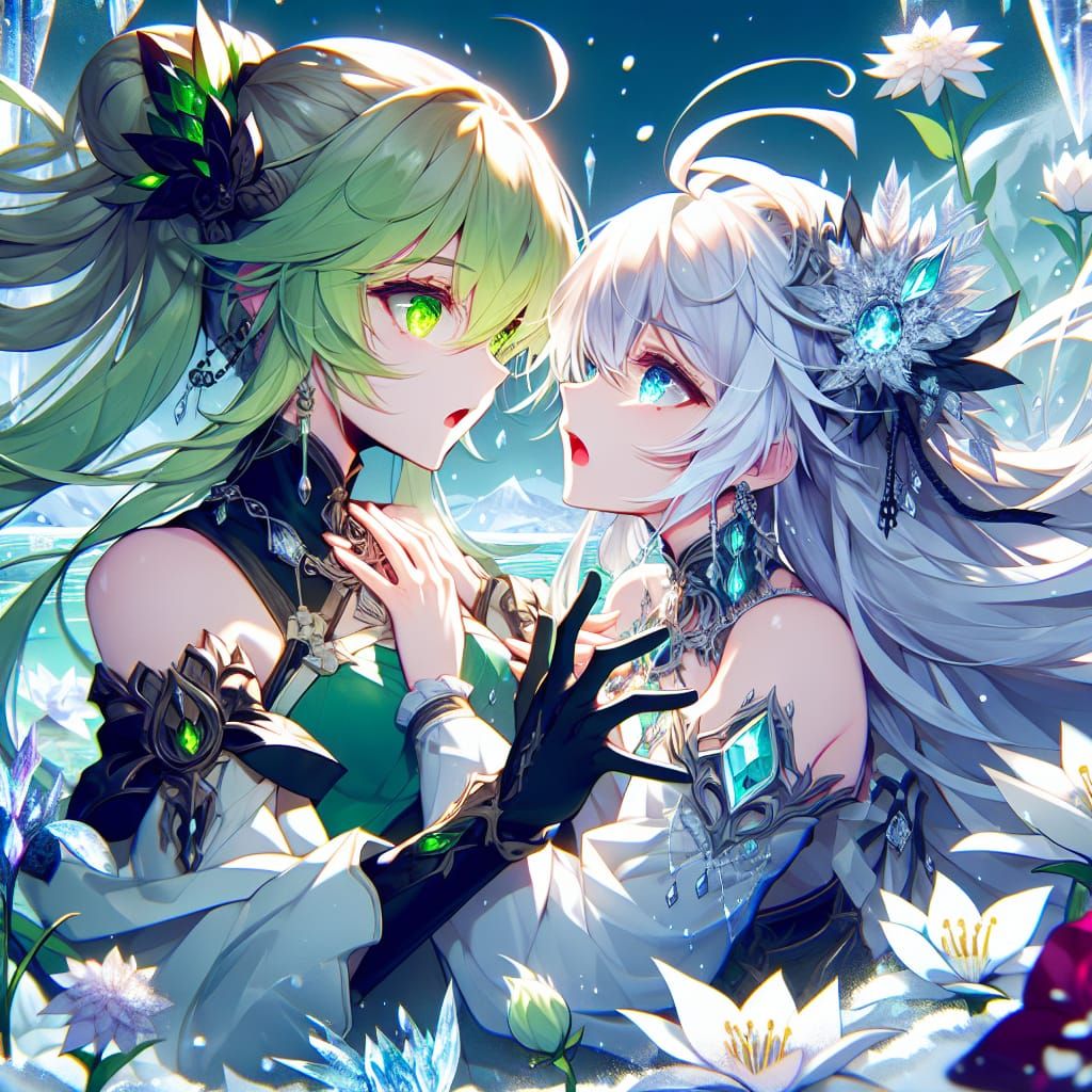 Anime Girls' Embrace in Winter Fantasy Landscape