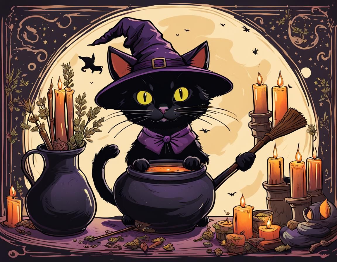 Whimsical Witch Cat Brewing Potion