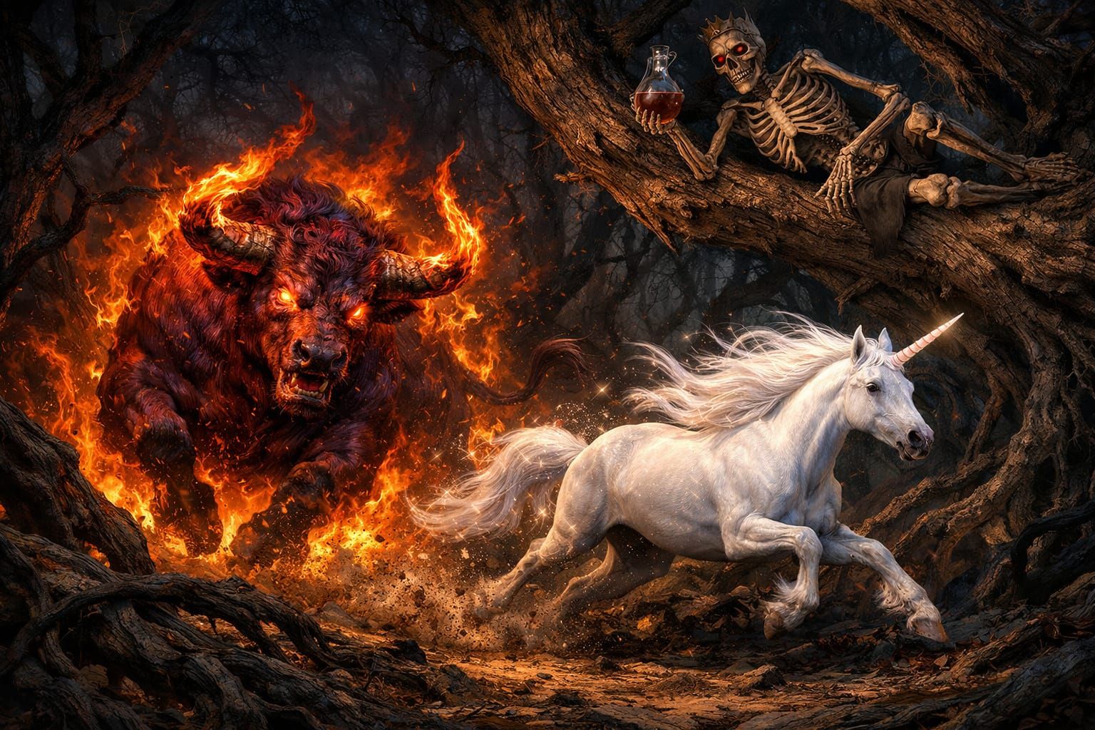 Epic Fantasy Art: Charging Bull Battles Unicorn in Fiery For...