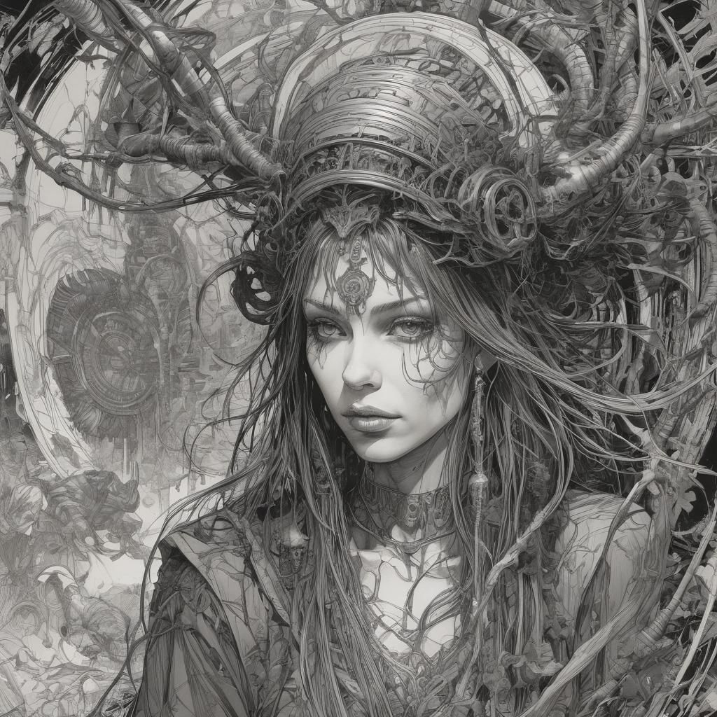 Witch at Mythical Crossroads in Sketch Style