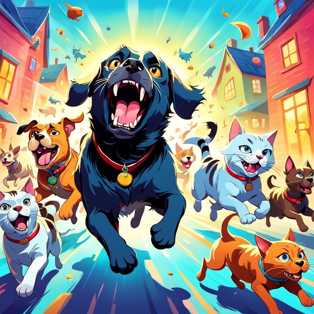 Playful Cartoon Dogs Chase Cat with Vibrant Colors
