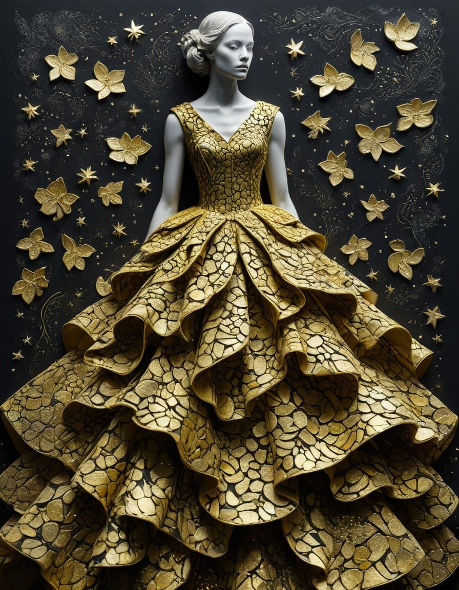 Velvet Gown with Golden Stars and Tactile Surfaces