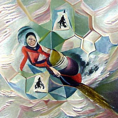 Woman Rides Rocket in Space: Hexagonal Art