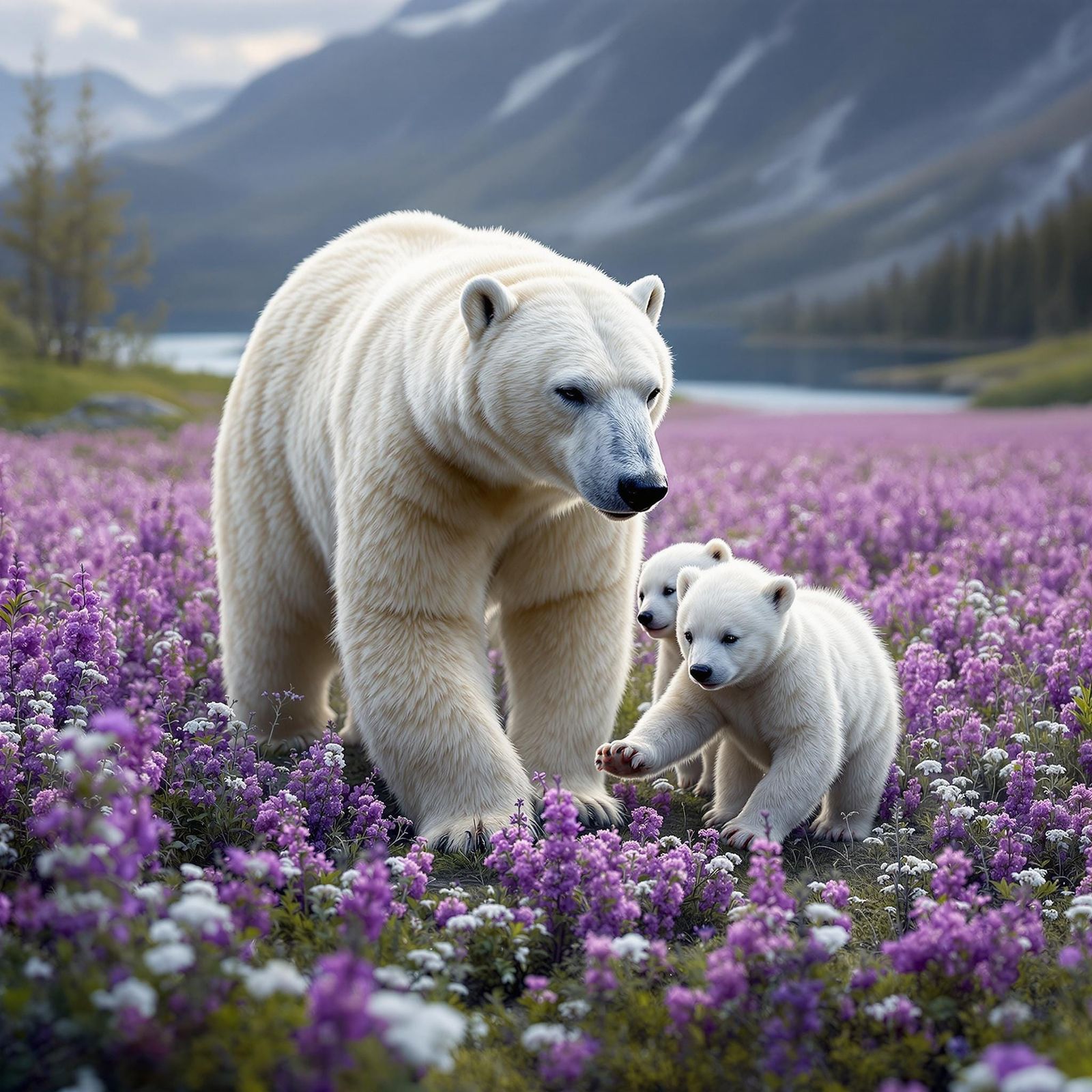 Polar Bear Family in Yukon Fireweed Field