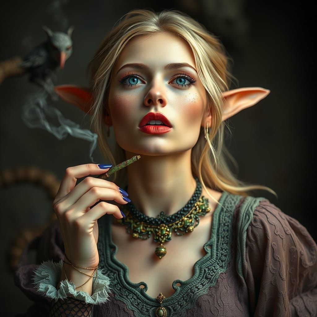 Hyperrealistic Portrait of an Elf Woman Smoking in a Glamoro...
