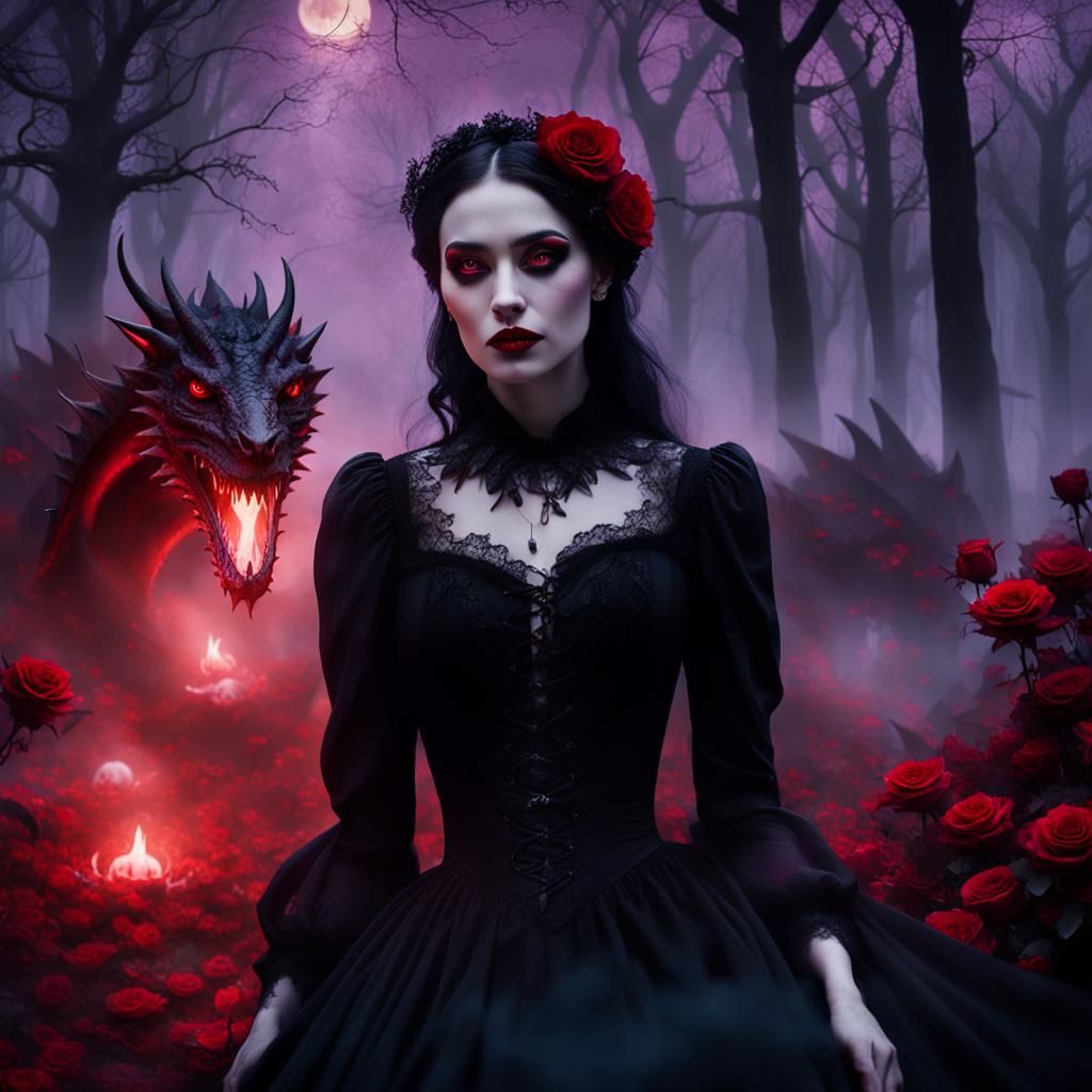 Gothic Girl and Dragon in Forest of Roses