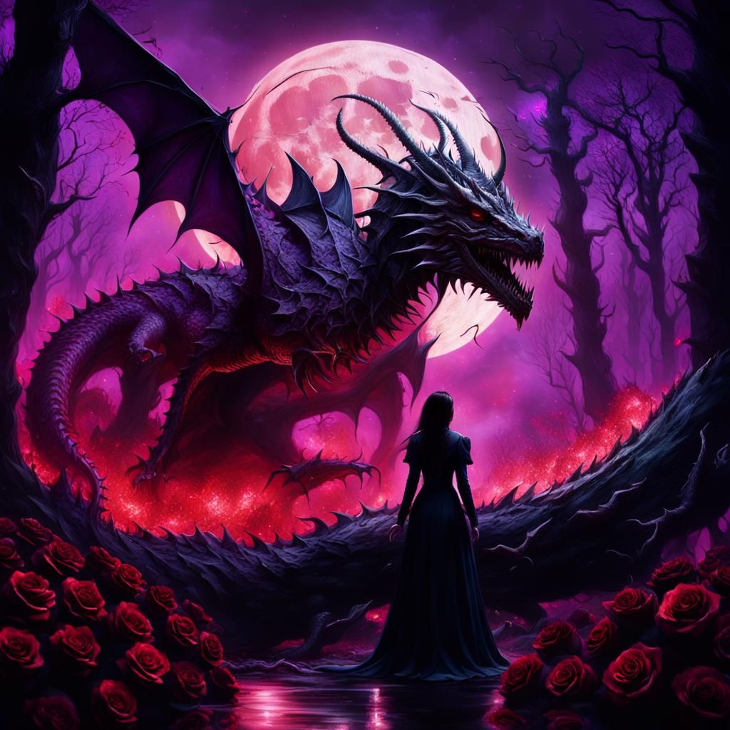 Gothic Girl and Dragon Under Blood Moon