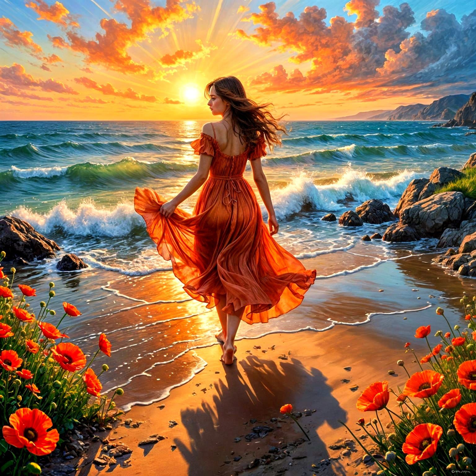 Impressionist Girl in Red Dress at Sunset